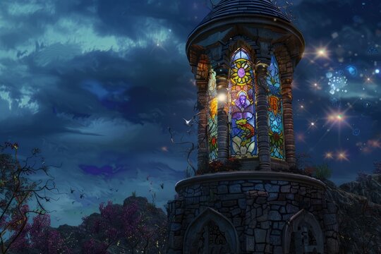 A mystical wizard's tower with enchanted stained glass windows depicting arcane symbols and magical creatures, guarding ancient secrets, Generative AI