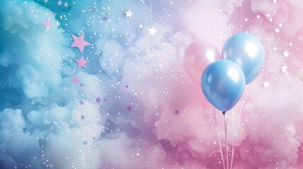 Gender Reveal Celebration Blue and Pink Party for Boy or Girl, Happy Baby Shower Announcement with Cute Illustration and attributes. Great as invitation card design template.