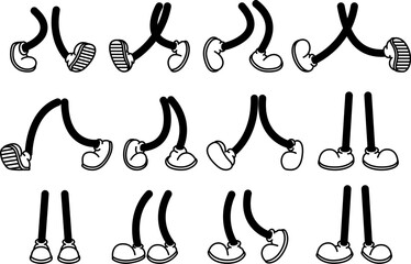 Set of vintage cartoon feet in shoes. Cartoon boot. Comic retro feet in different poses. Vector illustrations