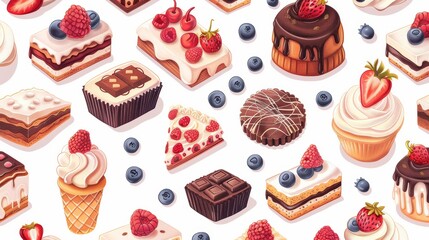 Seamless pattern of different types of desserts like cakes, cookies, and ice cream. seamless illustration pattern.