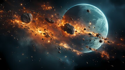 Digital blue and orange broken planet poster background