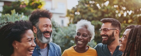 a group of very attractive men and women between 30 and 50 years old talking and smiling in a park or countryside