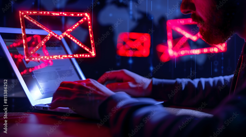 Poster hacker hand typing on a laptop with an email icon glowing on the screen, in a cyber security concept