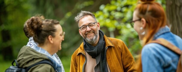 a group of very attractive men and women between 30 and 50 years old talking and smiling in a park or countryside