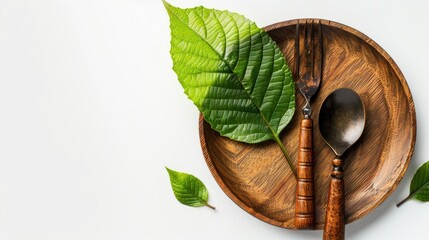 A vibrant green leaf resting on a rustic wooden plate accompanied by a fork and spoon stands out against a white background with a clipping path