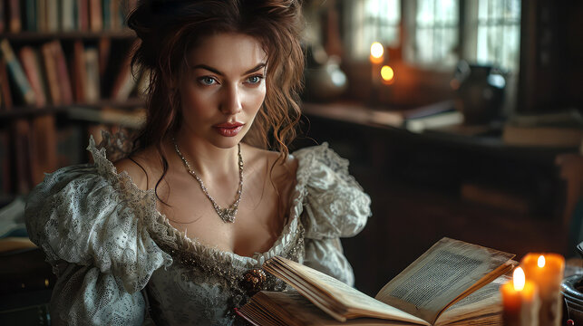 In the dimly lit chamber, a witch, donning a captivating lace dress, recites a spell from her ancient grimoire, the flickering candlelight adding an ethereal touch to her craft. - Powered by Adobe