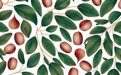 Eucalyptus tree leaves and gum nuts pattern. Isolated white background