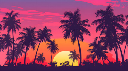 Obraz premium Silhouette of palm trees at tropical sunrise or sunset, ideal for travel and vacation promotions.