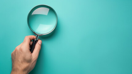 Magnifying glass in hand, isolated on blue background with copy space