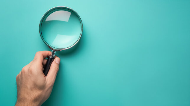 Magnifying glass in hand, isolated on blue background with copy space