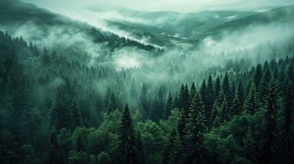 A forest filled with trees covered in fog and smoky in haze, Panoramic view of a misty foggy mountain landscape with a fir forest, morning fog. The evanescent atmosphere in the woods wrapped in mis - Powered by Adobe