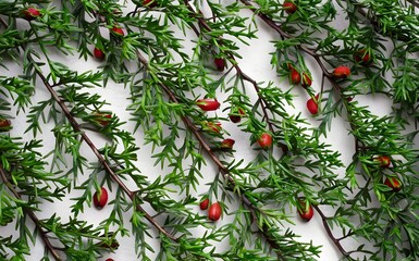 Juniper tree branches and berries pattern. Isolated white background