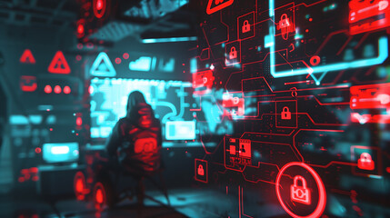  hacker in hoodie surrounded by holographic interfaces displaying red warning signs, lock icons, and circuit patterns in a high-tech security cyber attack concept