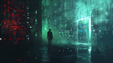 man standing in the center of an AI data room, surrounded by glowing holographic code and intricate network patterns