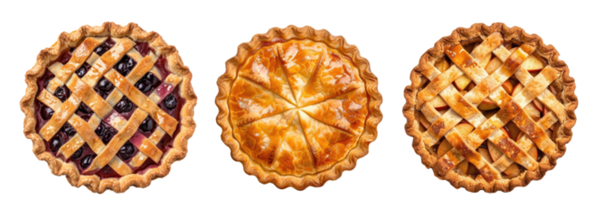 Three pies with berries isolated on transparent background, top view