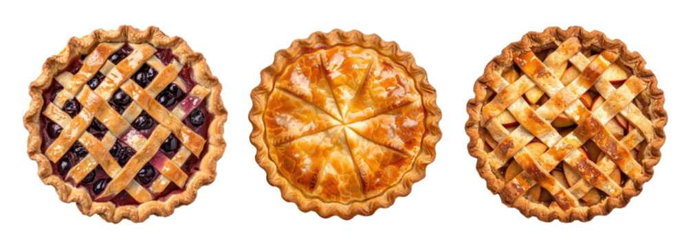 Three pies with berries isolated on transparent background, top view