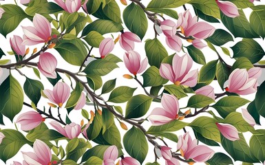 Magnolia tree leaves and blossoms pattern. Isolated white background