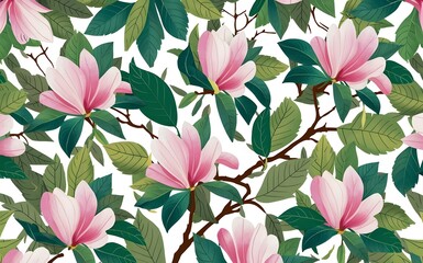 Magnolia tree leaves and blossoms pattern. Isolated white background