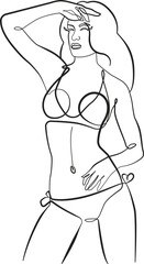 Trendy Line Art Woman Body. Minimalistic Black Lines Drawing. Female Figure Continuous One Line Abstract Drawing. Modern Scandinavian Design. Naked Body Art. Vector Illustration.