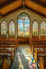 A quaint village chapel with charming stained glass windows depicting the seasons of the year, from blooming flowers in spring to snowy, Generative AI