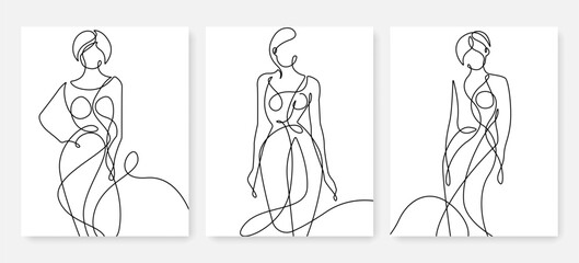 Elegant Female Silhouette Prints Set Continuous One Line Drawing. Abstract Woman Figure Minimal Trendy Illustration. Abstract Female Black Sketch on White for Home Decor, Wall Art. Vector EPS 10