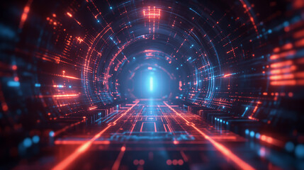 The image is a dark tunnel with red and blue lights. The tunnel is made of a grid of lines.