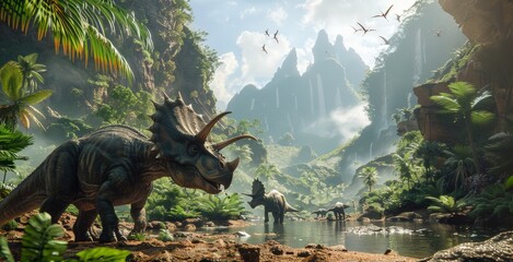 Obraz premium Triceratops drinking water in tropical valley with towering cliffs and waterfalls. Lush vegetation and serene lake create a tranquil prehistoric environment. Dinosaurs in various activities,
