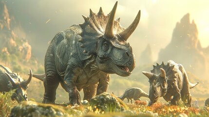 Fototapeta premium Triceratops in a prehistoric landscape with warm, golden light. Dinosaur's textured skin and horns prominently displayed. Other Triceratops grazing in background. ancient setting with rocky terrain.