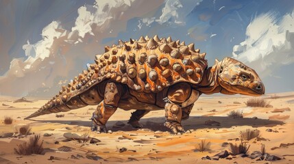 Ankylosaurus dinosaur walking on sandy terrain with cloudy sky background. detailed armor-like skin and spikes of dinosaur, emphasizing prehistoric essence and natural beauty in ancient setting.