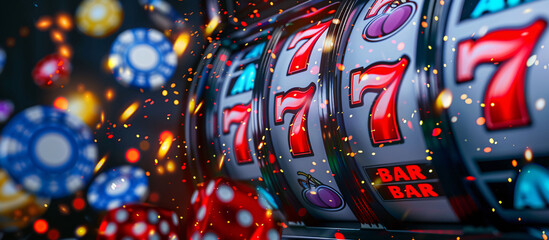 Vibrant casino atmosphere with slot machines, card tables, and lively patrons. Captured with vivid colors and dynamic lighting. Perfect for themes of gaming, entertainment, and nightlife. High-resolut