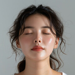 Detailed realistic photo of a 30-year-old Korean woman with her eyes closed, head slightly tilted up, content expression. She is applying gel-cream moisturizer on her face. Daylight, no makeup, light 