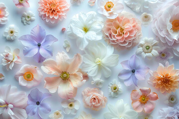 Flat lay consisting of colorful summer flowers in soft tones. They are artfully arranged to create a seamless floral pattern.