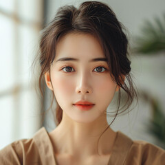 Detailed realistic photo of a 30-year-old Korean woman with her eyes closed, head slightly tilted up, content expression. She is applying gel-cream moisturizer on her face. Daylight, no makeup, light 