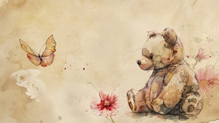 A teddy bear adorned with delicate ink and watercolor illustrations of a butterfly and a flower