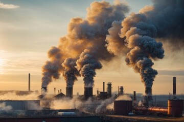 Black smoke from chimneys in factory industrial areas pollutes the environment