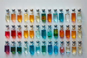 A row of colored liquids in small glass bottles.