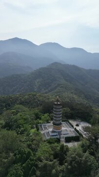 Aerial view of Pa Cien Pagoda with Ita thao pier background in Nantou