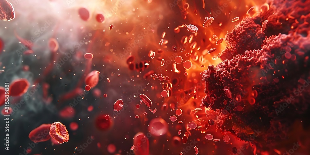 Poster microscopic view of red blood cells in a dynamic flow with a swirling cluster breaking apart, medica