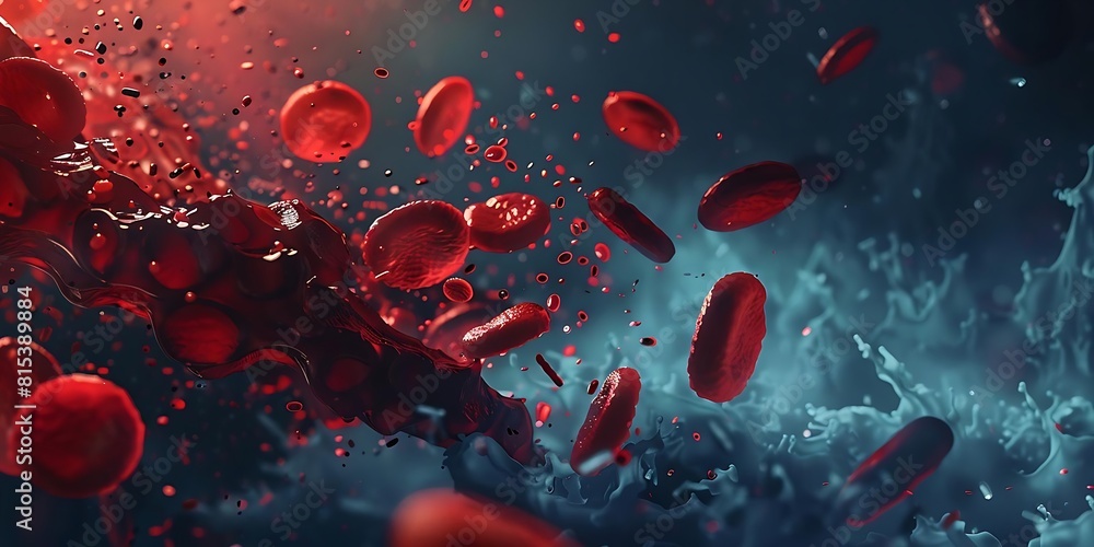 Aufkleber microscopic view of red blood cells in a dynamic flow with a swirling cluster breaking apart, medica