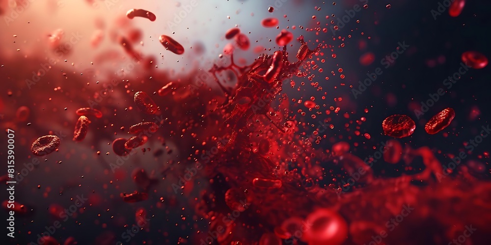 Poster microscopic view of red blood cells in a dynamic flow with a swirling cluster breaking apart, medica