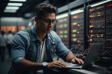 engineer man controls machine with laptop managed by programmed controller