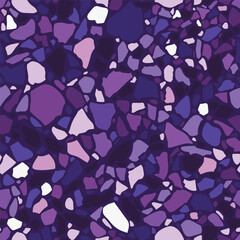 Mosaic floors of marble chips. Terrazzo flooring, polymer mosaic seamless pattern. Abstract bright ultra marine and purple colored stones background. Vector tile texture