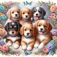 Many puppies in a floral frame art attractive has illustrative meaning card design illustrator.