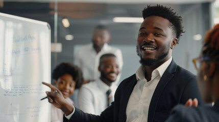 Man Leading Interactive Team Workshop with Whiteboard Session to a Team of Employees, Corporate Training, 