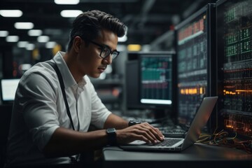 engineer man controls machine with laptop managed by programmed controller