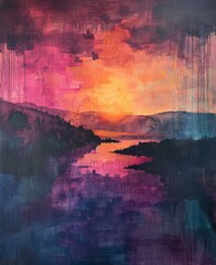 The colorful sunset over the lake with mountain