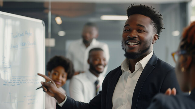 Man Leading Interactive Team Workshop with Whiteboard Session to a Team of Employees, Corporate Training, 
