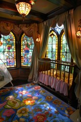 Naklejka premium A whimsical children's nursery with playful stained glass windows depicting fairy tale scenes and storybook characters, sparking young, Generative AI