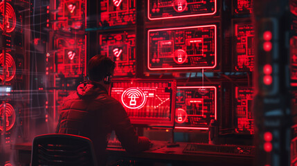  hacker sitting in front of his computer surrounded by red neon lights and symbols, working on their security system to protect the  data 