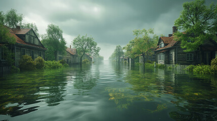 Obraz premium The photo shows a flooded street in a small town